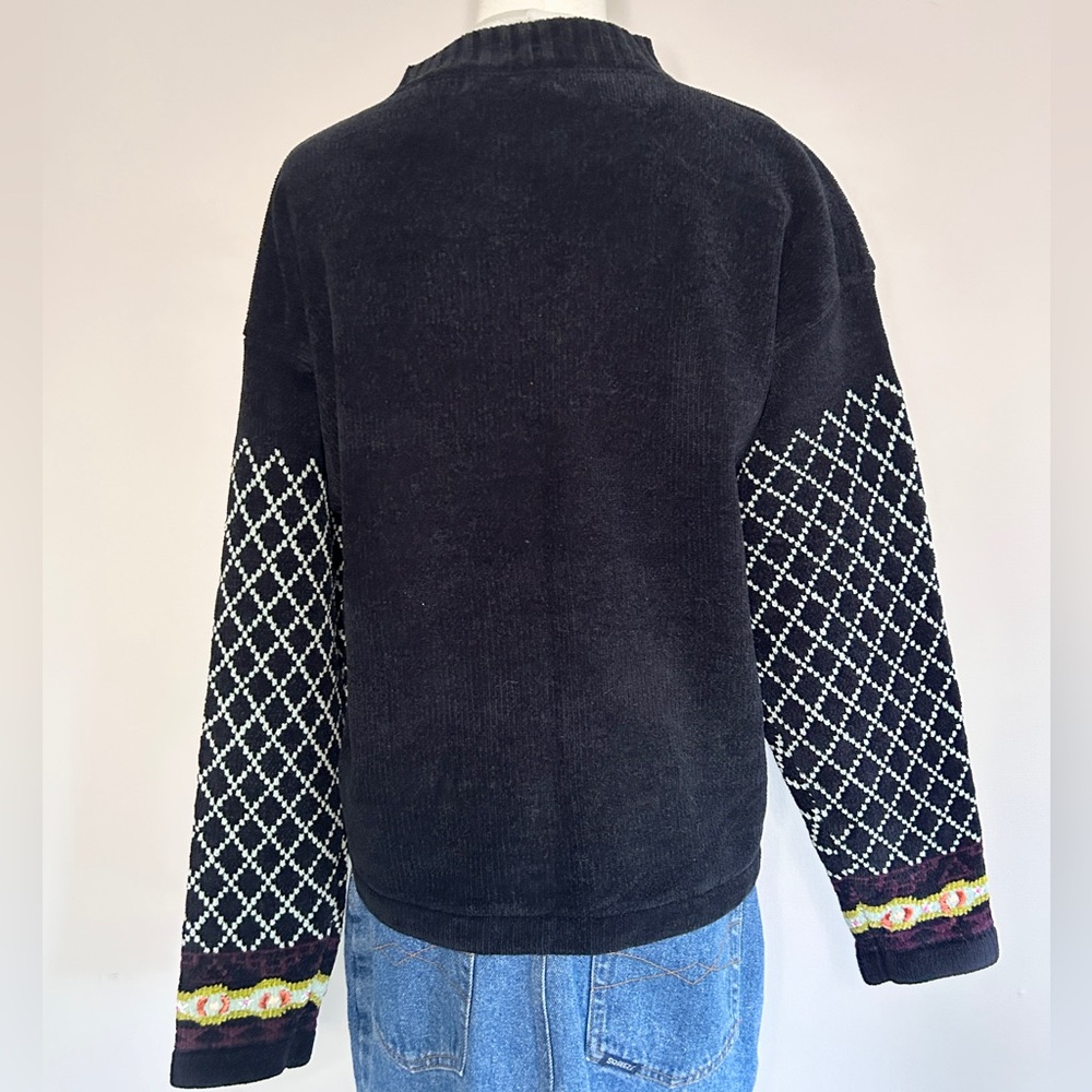 VINTAGE 90s Floral Embroidered Argyle Boxy Cardigan Feminine Whimsigoth | Size L - Picture 12 of 15